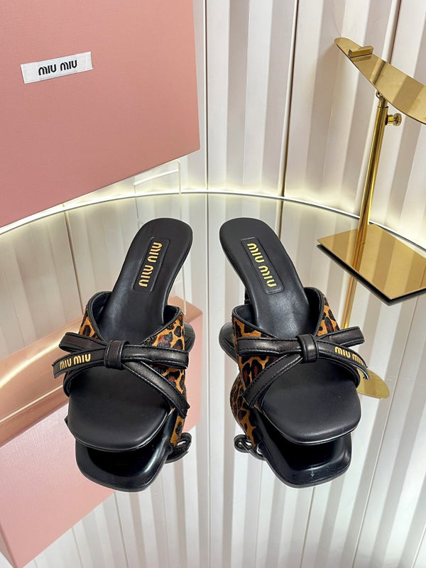 Miu 26s Mule Sandals 55mm In Leopard Print Calf Hair With Bow