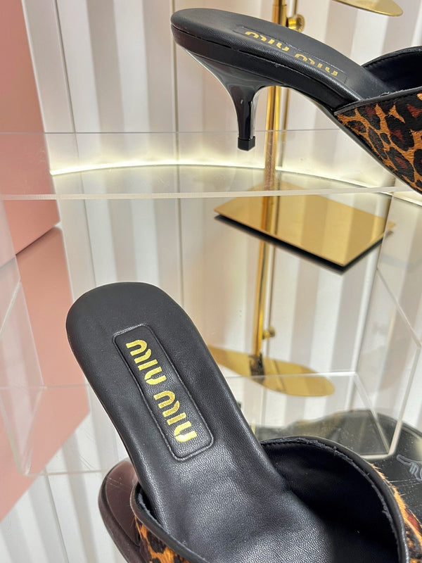 Miu 26s Mule Sandals 55mm In Leopard Print Calf Hair With Bow