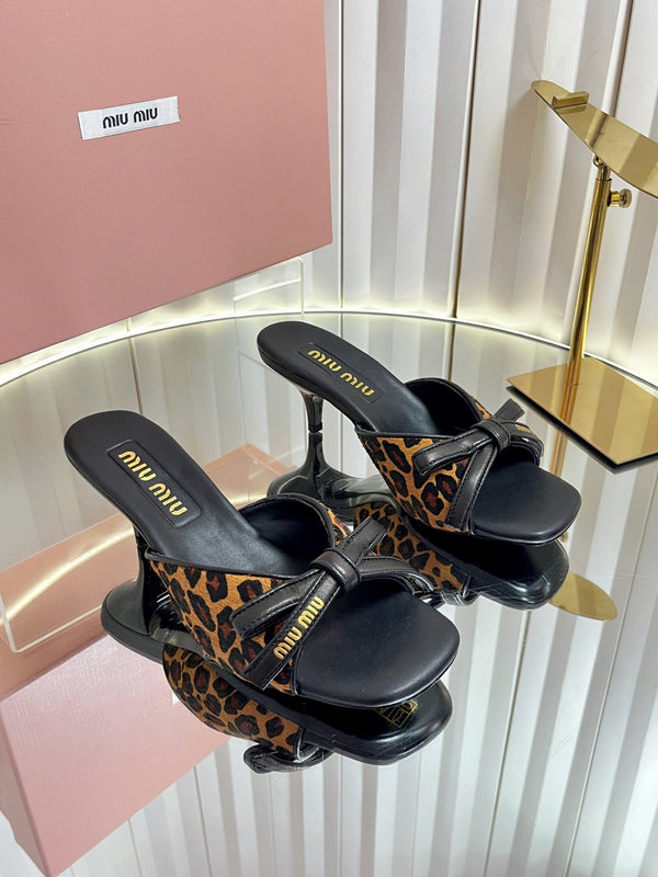 Miu 26s Mule Sandals 55mm In Leopard Print Calf Hair With Bow