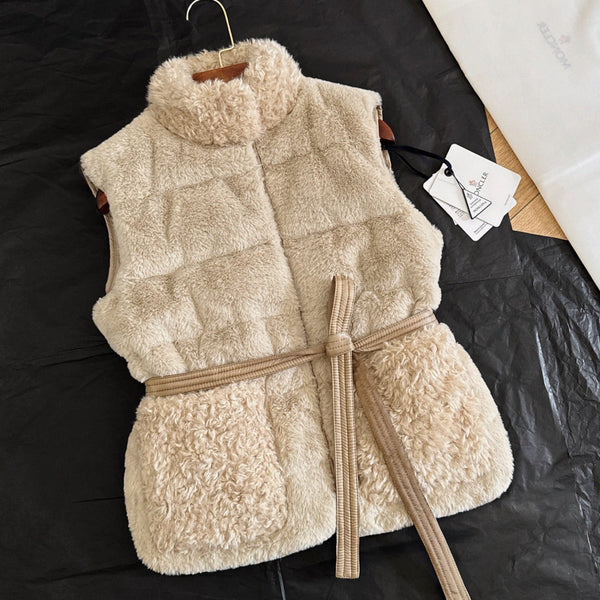 Moncler 2025 Joui Gilet Fausse Fourrure et Duvet Effet Mouton Beige Clair
