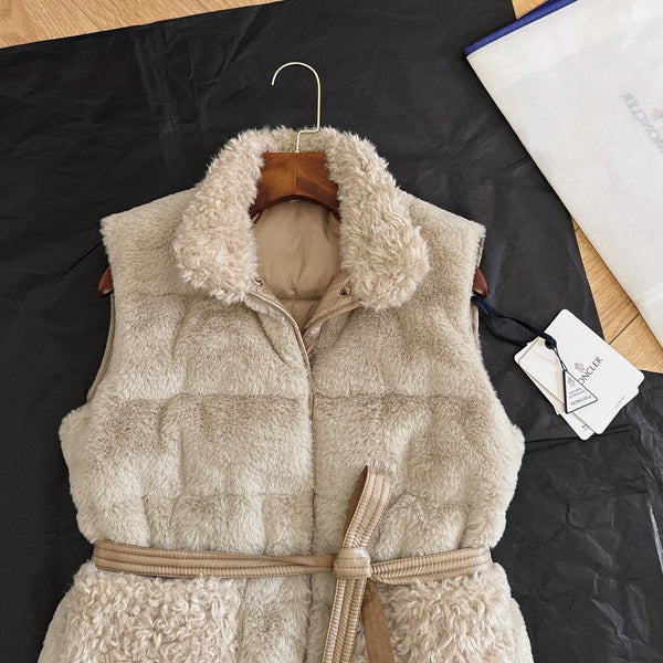 Moncler 2025 Joui Gilet Fausse Fourrure et Duvet Effet Mouton Beige Clair