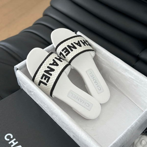 Woven Embroidered Letter Slippers White Black