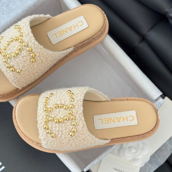Slippers Platform Lambskin Beige Cream