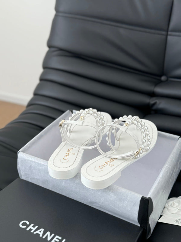 CC 26s Mule Slippers With Pearl Chain White Lambskin