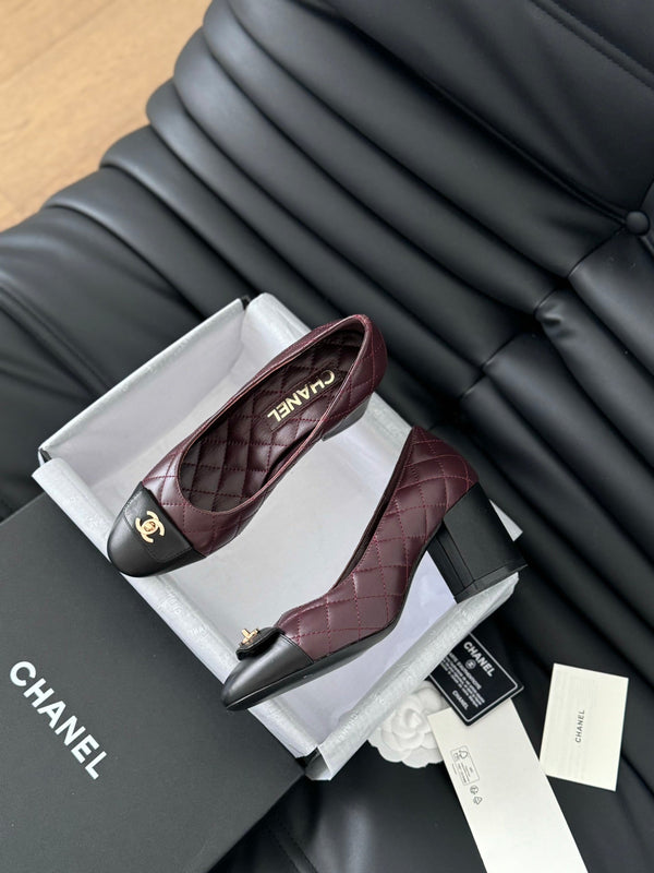 cc classic ballet flat with heel burgundy quilted calfskin