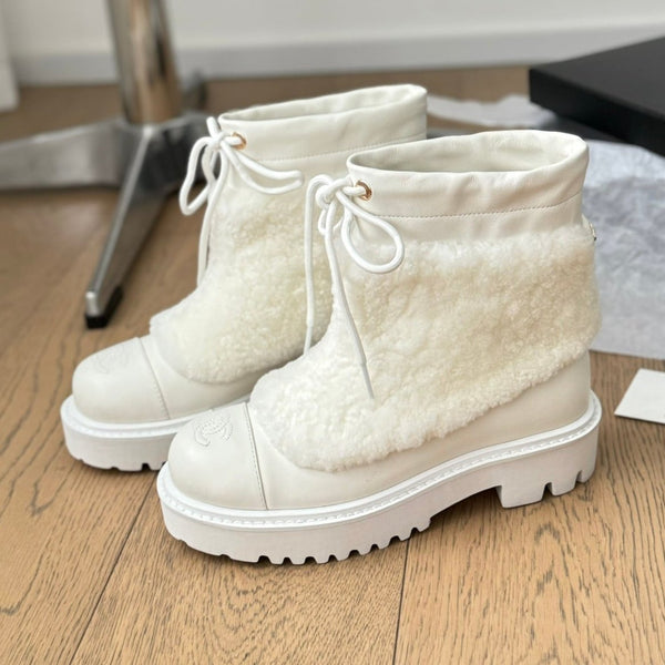 STIVALI CC CHUNKY IN PILE BIANCO LISCIO E PELLE DI VITELLO