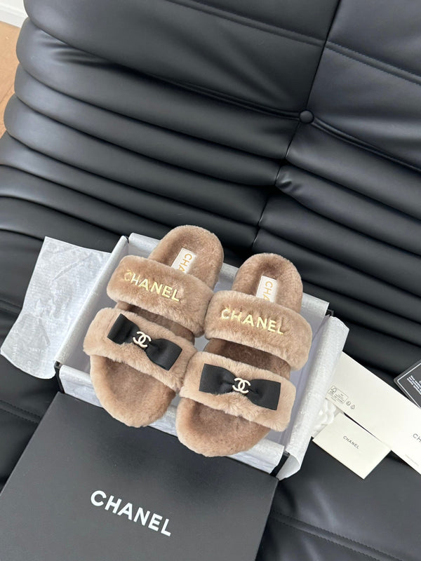 CC DAD SANDAL MULE IN PILE MARRONE CAMMELLO CON FERRAMENTA ORO