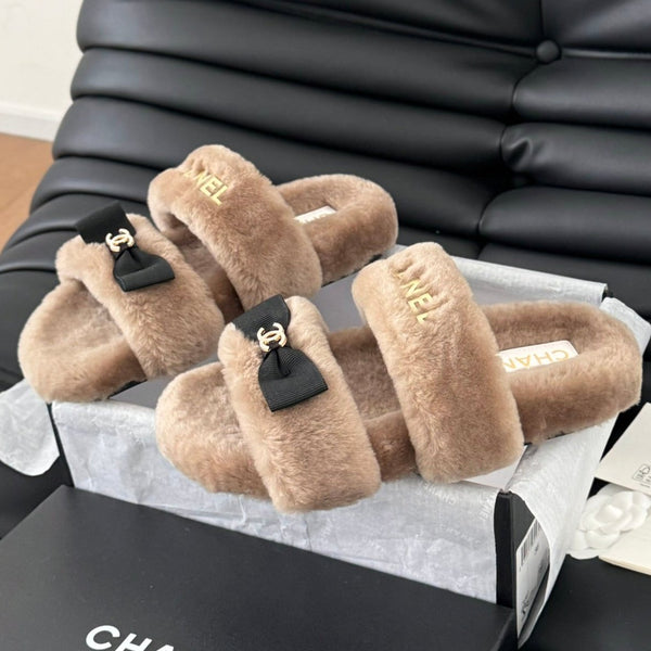 CC DAD SANDAL MULE IN PILE MARRONE CAMMELLO CON FERRAMENTA ORO
