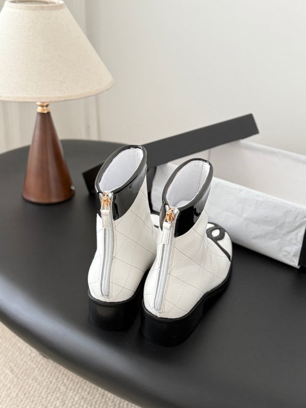 CC 2025 Vintage Cambon Mid-Calf Short Boots White Black Cowhide 550633