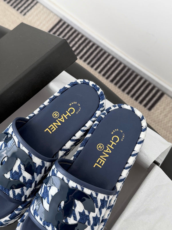 CC 26ss Chaussons Blanc Bleu Marine Peau de mouton Tressé 670368