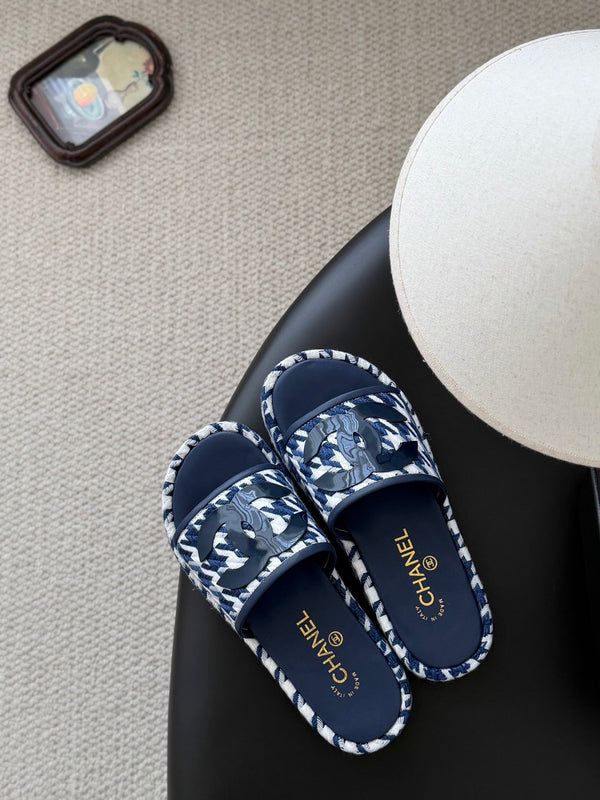 CC 26ss Chaussons Blanc Bleu Marine Peau de mouton Tressé 670368