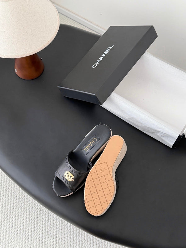 CC Wedge Espadrille Slides 10cm Black Sheepskin 776107