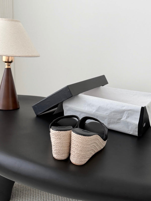 CC Wedge Espadrille Slides 10cm Black Sheepskin 776107