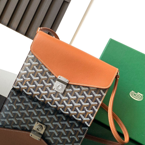 PORTAFOGLIO-BORSA CHYPRE 21 IN TELA GOYARDINE NERA E PELLE DI VITELLO MARRONE CHIARO