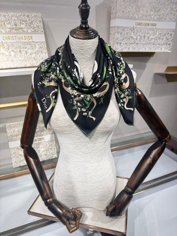 CD Lily Of The Valley Scarf 90x90cm Black Silk Twill 209861