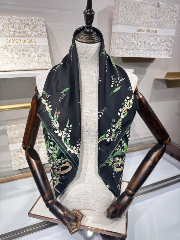 CD Lily Of The Valley Scarf 90x90cm Black Silk Twill 209861