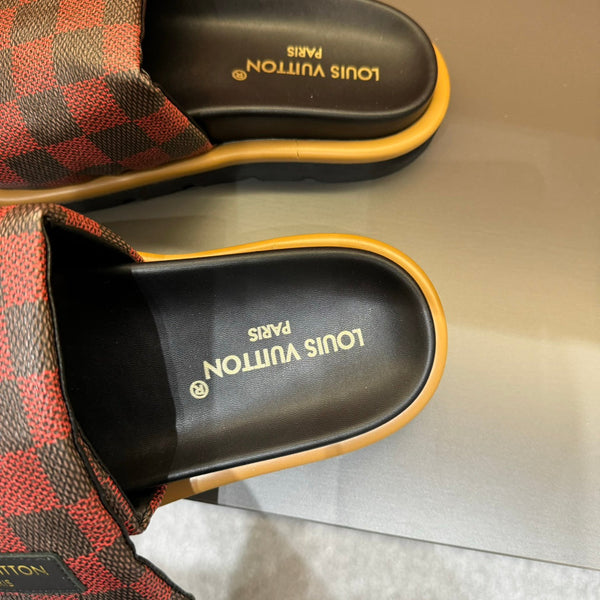 LV VELCRO SLIPPERS RED MIX BLACK DAMIER MONOGRAM CALFSKIN