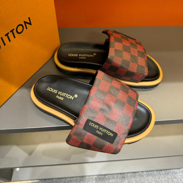 LV VELCRO SLIPPERS RED MIX BLACK DAMIER MONOGRAM CALFSKIN