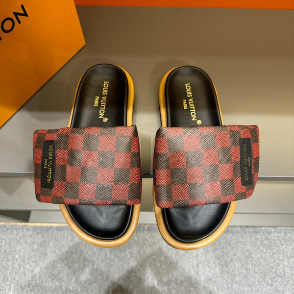 LV VELCRO SLIPPERS RED MIX BLACK DAMIER MONOGRAM CALFSKIN
