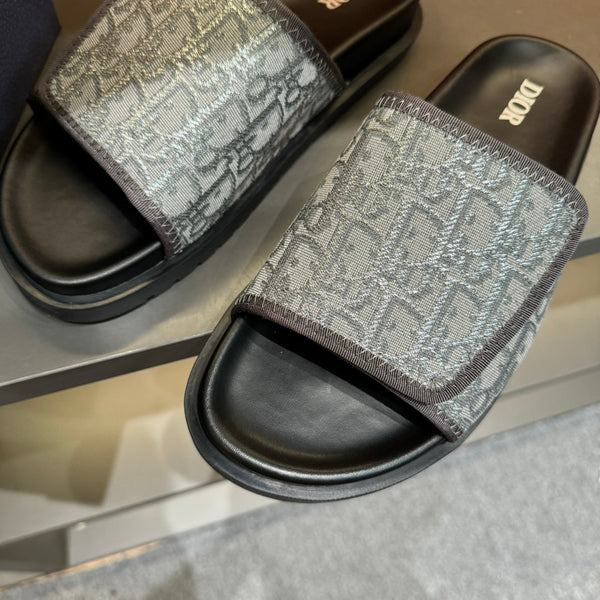 CD VELCRO STRAP SLIPPER GREY BLUE JACQUARD
