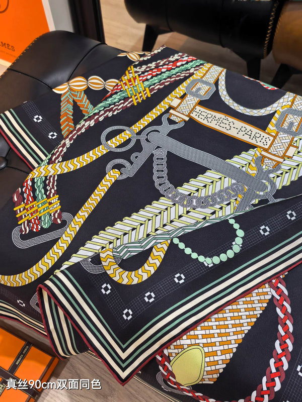 HM Tresse Scarf 90x90 Black Colorful Twill Silk 198472
