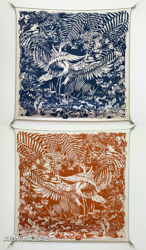 HM Flamingo Party Tattoo Double Face Scarf 90 Orange Blue Twill Silk 194438