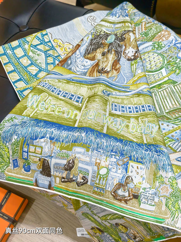 HM City of Scarf 90x90 Green Colorful Twill Silk 198473