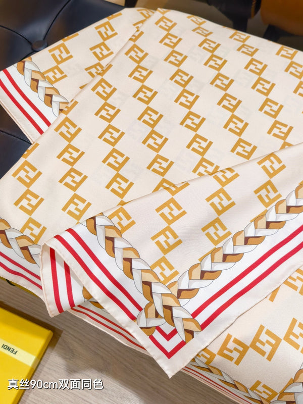 Fendi Scarf 90x90 Beige Colorful Twill Silk 198478