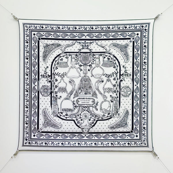 HM La Etriers Remix Bandana Scarf 90x90cm Black White Twill Silk 303276