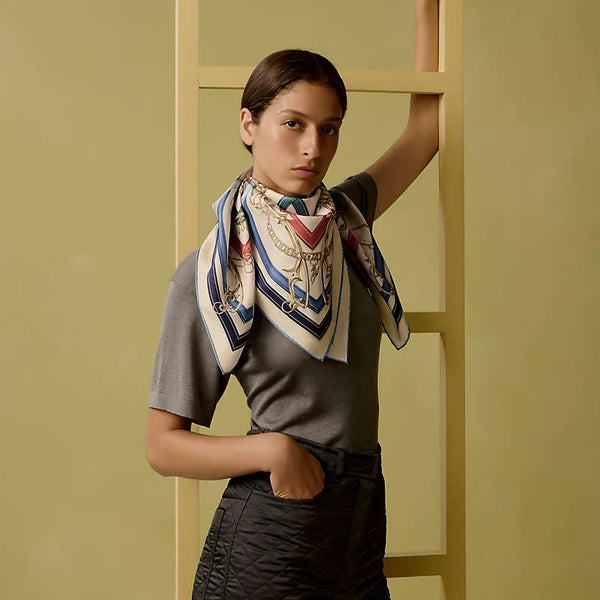 HM Harnais Legendaire Scarf 90x90 Blue Colorful Twill Silk
