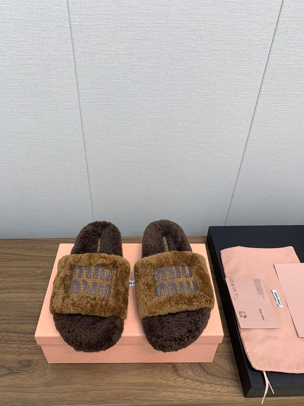 Miu Slippers Caramel Brown With Brown Lettering Pure Wool