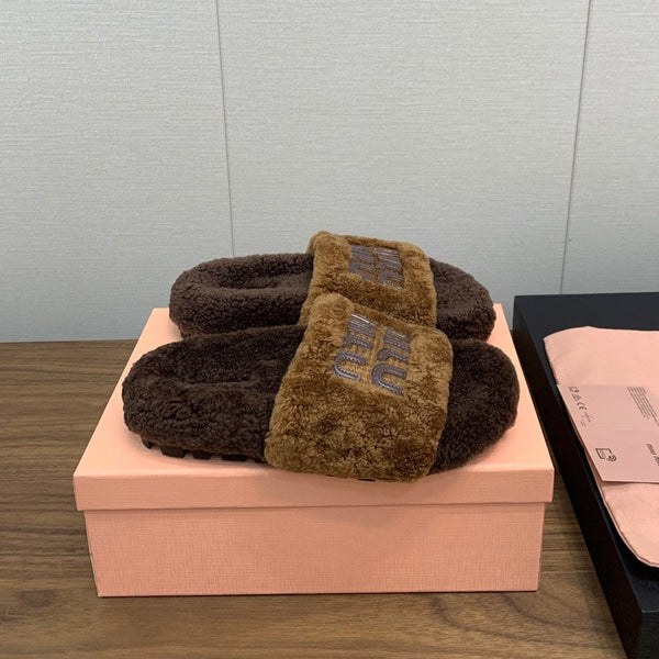 Miu Slippers Caramel Brown With Brown Lettering Pure Wool