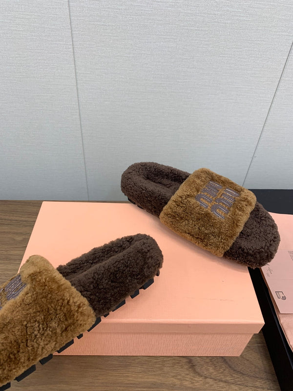 Miu Slippers Caramel Brown With Brown Lettering Pure Wool