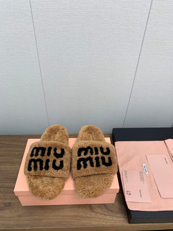 Miu slippers Saddle Brown With Black Lettering Pure Wool