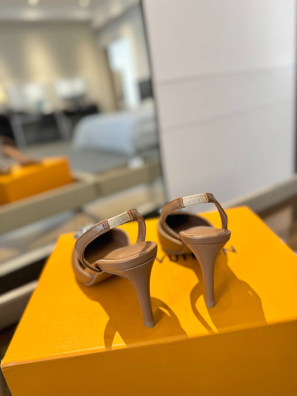 HIGH HEEL 75 MM SLINGBACK IN BRONZE BROWN CALFSKIN WITH CRYSTAL