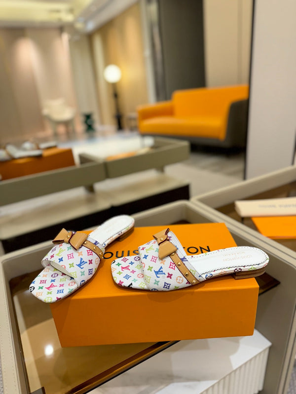 LV x TM 6AM Flat Mule Bianco e Multicolore Tela rivestita Monogram 241225