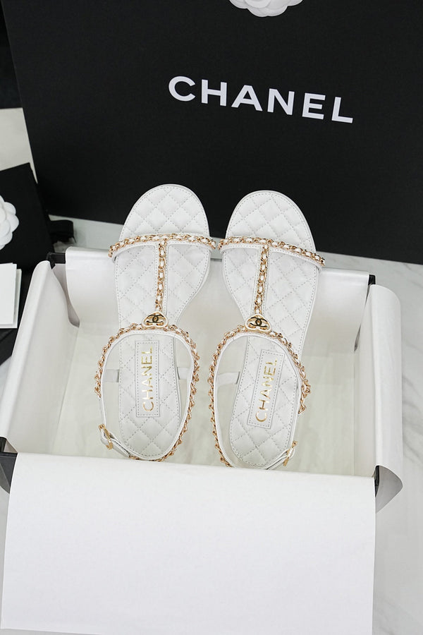 CC 26s Heart CC T-Strap Sandals White Quilted Leather 964934