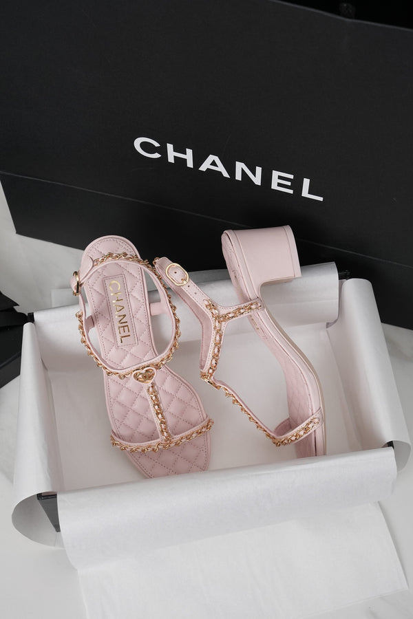 CC 26s Heart CC T-Strap Sandals Light Pink Quilted Leather 964933