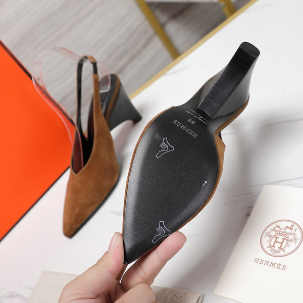 HM  Classic High-Heeled Slingback 70mm Brown Suede Sheepskin 547642