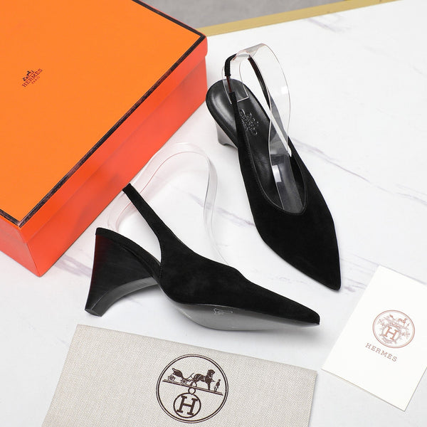 HM  Classic High-Heeled Slingback 70mm Black Suede Sheepskin 547643