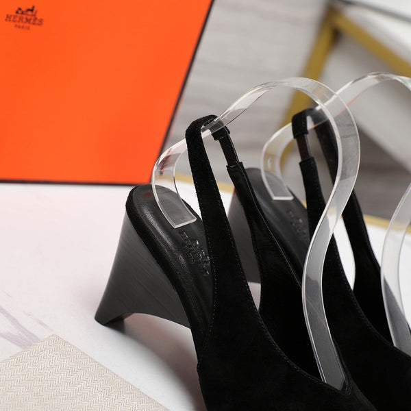 HM  Classic High-Heeled Slingback 70mm Black Suede Sheepskin 547643