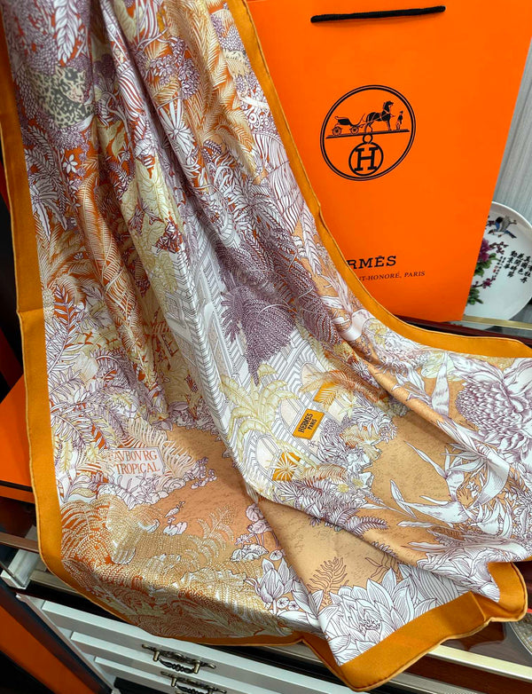 HM 25s Foulard 90cm Orange Rose clair Cachemire Soie 965568
