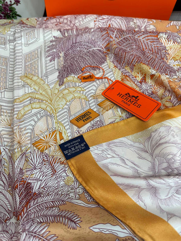 HM 25s Foulard 90cm Orange Rose clair Cachemire Soie 965568
