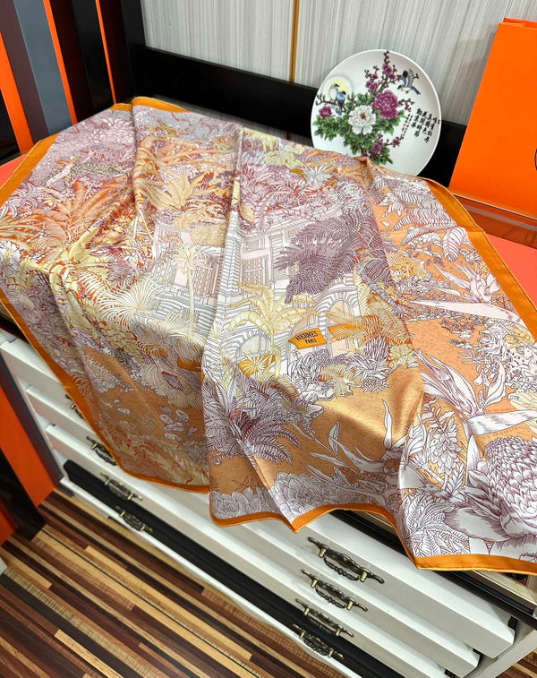 HM 25s Foulard 90cm Orange Rose clair Cachemire Soie 965568