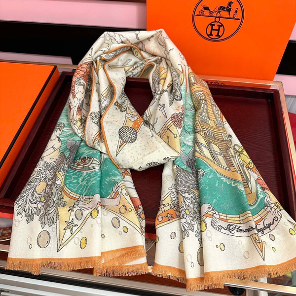 HM 26s Écharpe double face 185cm Crème Orange Vert Cachemire 153122