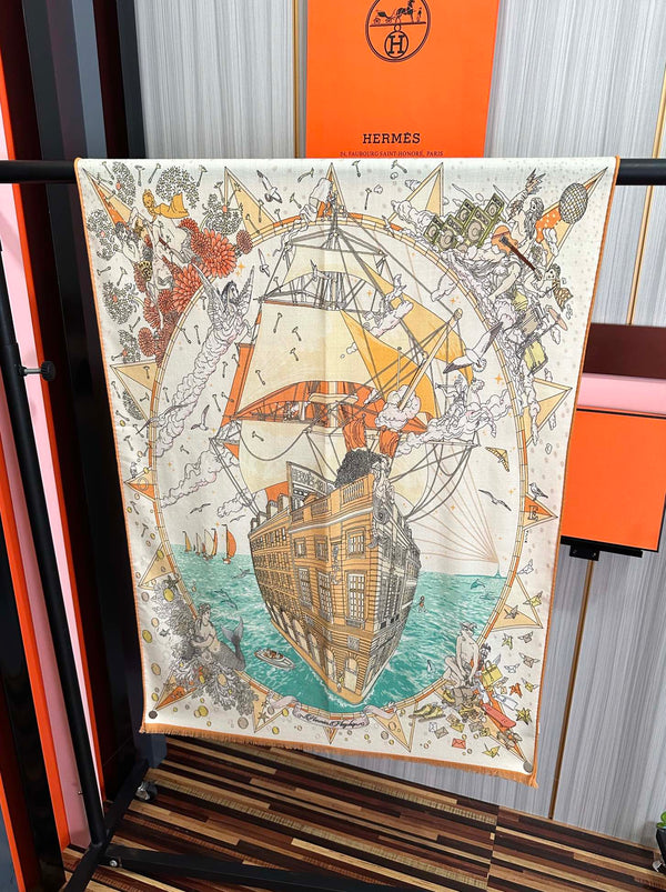 HM 26s Écharpe double face 185cm Crème Orange Vert Cachemire 153122