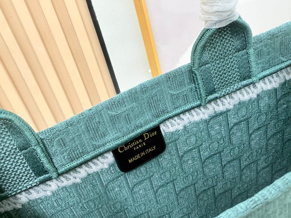 CD Dioramour Book Tote Teal Green Dior Oblique Embroidery with White Lace