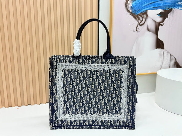 CD Book Tote Blue Dior Oblique Embroidery and White Lace
