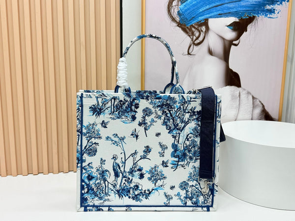 CD Book Tote With Strap Blue Toile De Jouy Floral Garden Canvas