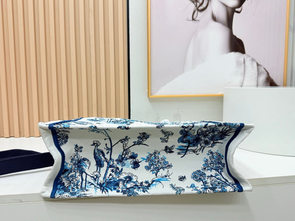 CD Book Tote With Strap Blue Toile De Jouy Floral Garden Canvas